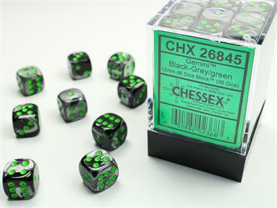 Gemini® 12mm D6 Black-Grey/green Dice Block™ (36 dice)