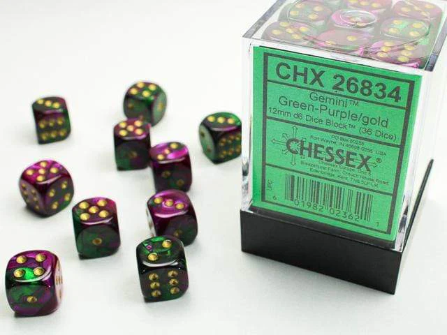 Gemini® 12mm D6 Green-Purple/gold Dice Block™ (36 dice)