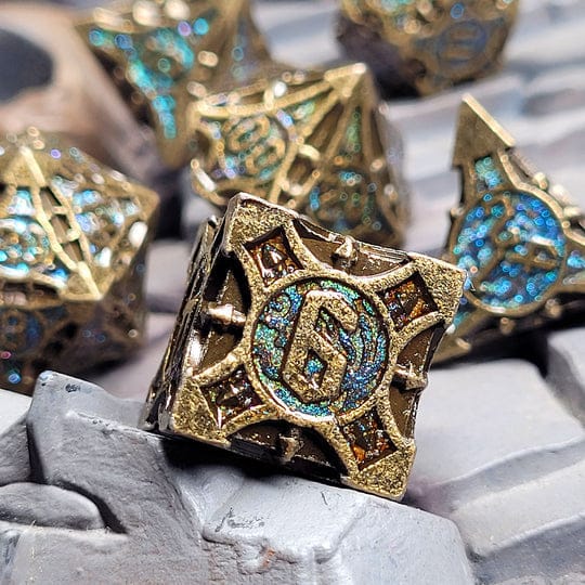 Arcane Enigma Ancient Bronze Blue Metal RPG Dice Set - Image 2