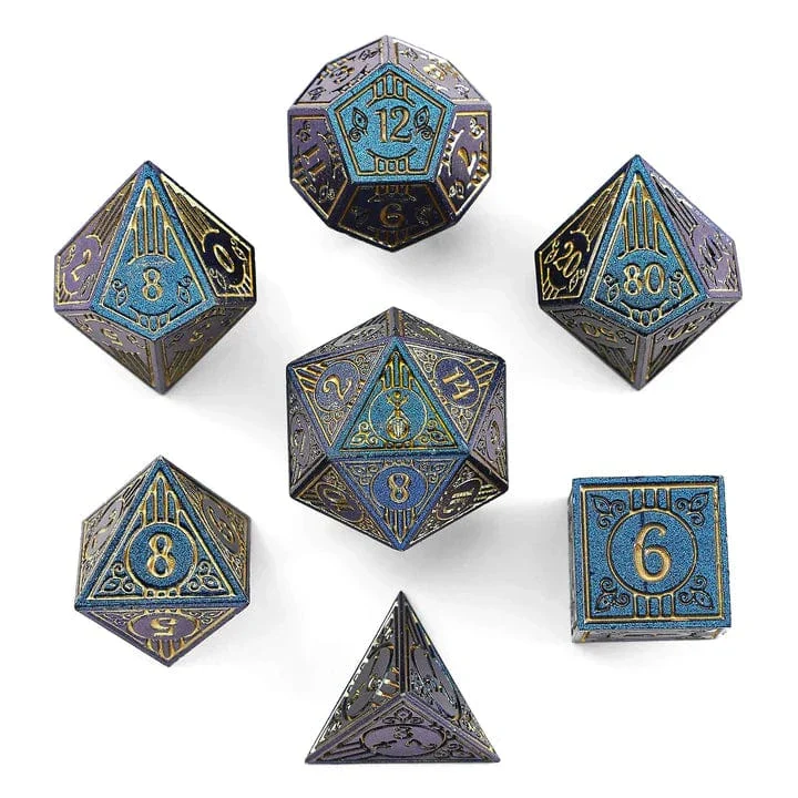 Bard Solid Metal Polyhedral Dice Set -  Blue with Gold