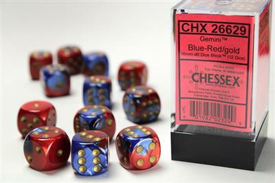 Gemini Blue-Red/gold 16mm d6 Dice Block (12 dice) - Image 2