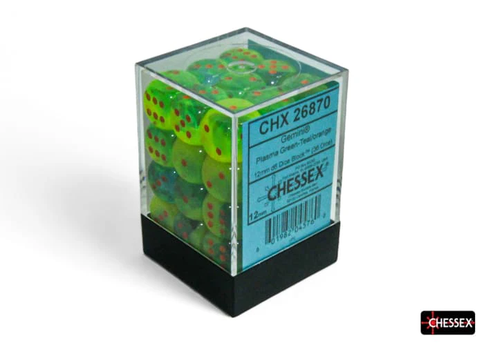 Gemini Plasma Green-Teal/orange Luminary 12mm d6 Dice Block (36 dice)