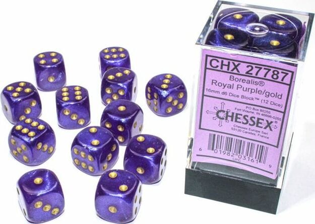 Borealis® 16mm D6 Royal Purple/gold Luminary™ Dice Block™ (12 dice) - Image 5