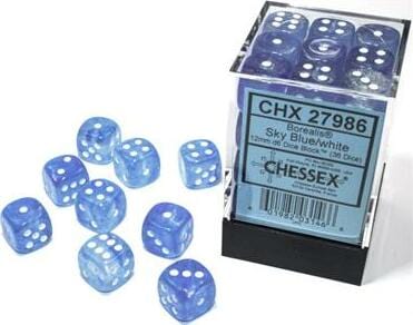 Borealis Sky Blue/white Luminary 12mm d6 Dice Block (36 dice)