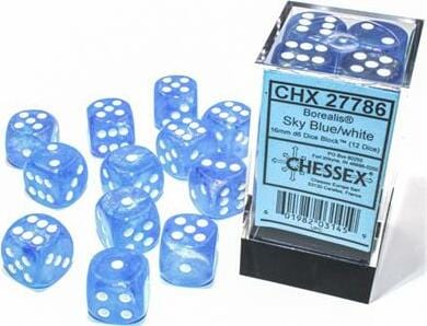 Borealis® 16mm D6 Sky Blue/white Luminary™ Dice Block™ (12 dice)