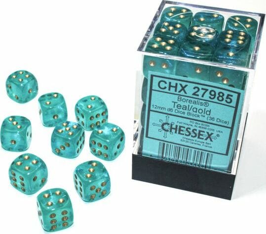 Borealis Teal/gold Luminary 12mm d6 Dice Block (36 dice) - Image 5