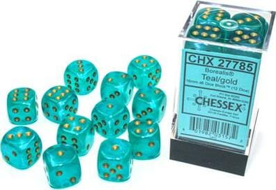 Borealis® 16mm D6 Teal/gold Luminary™ Dice Block™ (12 dice) - Image 4