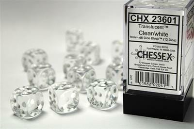 Translucent 16mm D6 Clear/white Dice Block™ (12 dice)