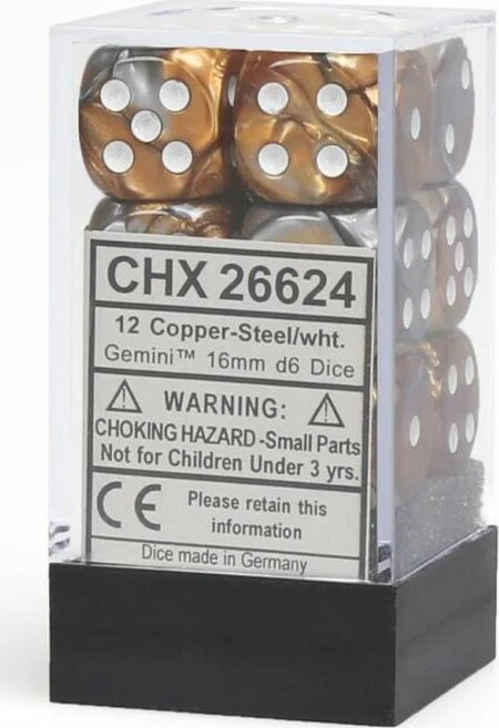 Gemini Copper-Steel/white 16mm d6 Dice Block (12 dice) - Image 5