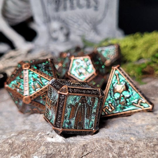 Cryptic Reliquary Shimmering Green Metal RPG Dice Set - Image 2
