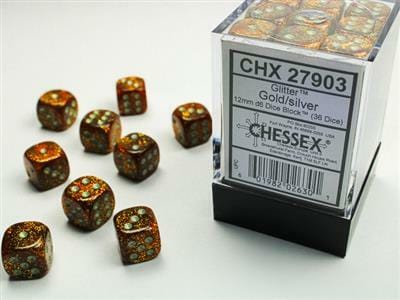 Glitter 12mm D6 Gold/silver Dice Block™ (36 dice)