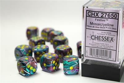 Festive® 16mm D6 Mosaic/yellow Dice Block™ (12 dice) - Image 2