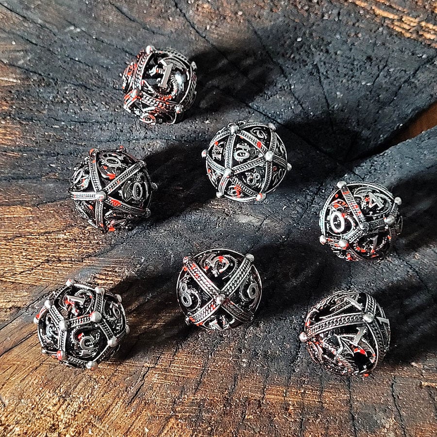 Dragons Bauble Silver Blood Hollow Metal RPG Dice Set