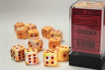 Festive® 16mm D6 w/pips Sunburst™ w/red Dice Block™ (12 dice - Image 2