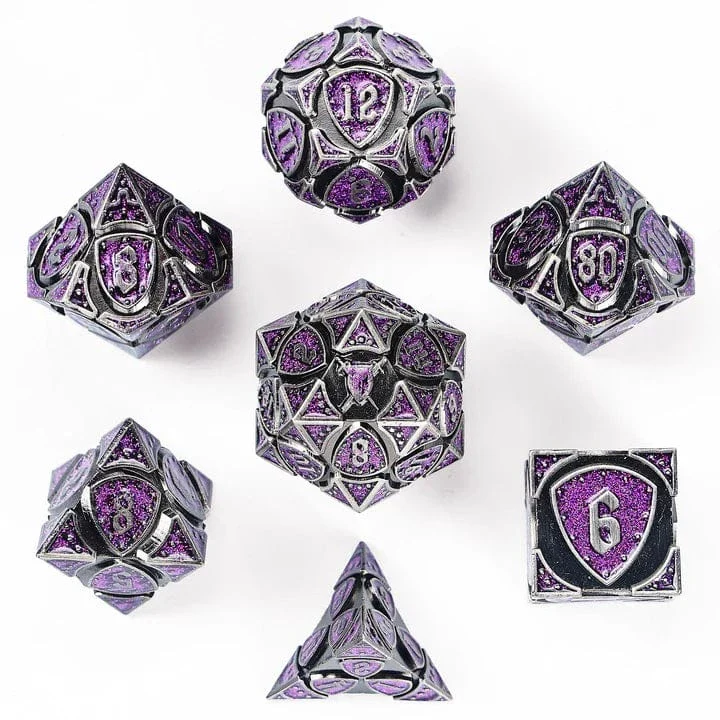 Fighter Solid Metal Polyhedral Dice Set - Ancient Silver with Purple Glitter