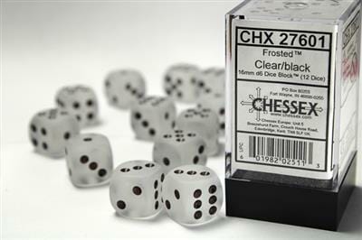 Frosted™ 16mm D6 Clear/black Dice Block™ (12 dice)
