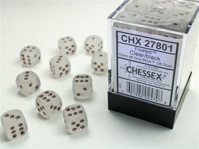 Frosted™ 12mm D6 Clear/black Dice Block™ (36 dice)