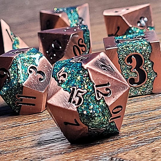 Galactic Flow Copper Green 7-Piece Metal Dice Set