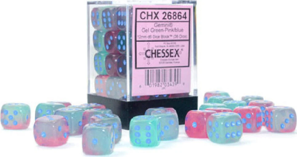Gemini® 12mm D6 Gel Green-Pink/blue Luminary™ Dice Block™ (36 dice)