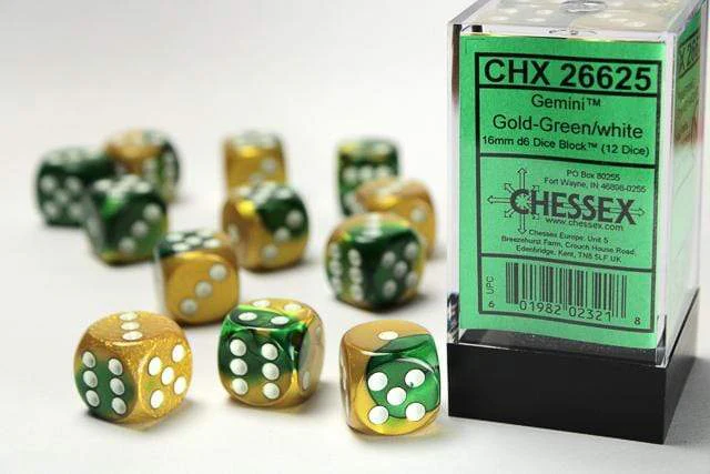 Gemini® 16mm D6 Gold-Green/white Dice Block™ (12 dice)