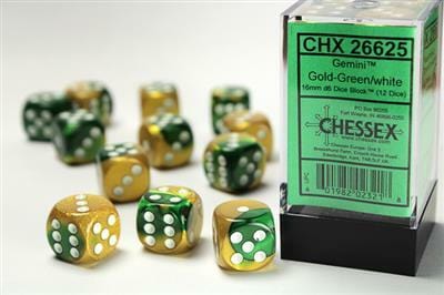 Gemini® 16mm D6 Gold-Green/white Dice Block™ (12 dice) - Image 2