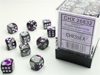 Gemini® 12mm D6 Purple-Steel/white Dice Block (36 dice) - Image 2