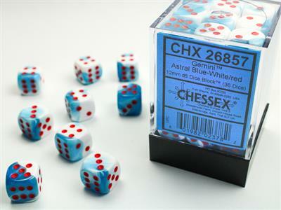 Gemini® 12mm D6 Astral Blue-White/red Dice Block™ (36 dice)