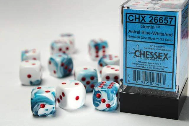 Gemini® 16mm D6 Astral Blue-White/red Dice Block™ (12 dice)