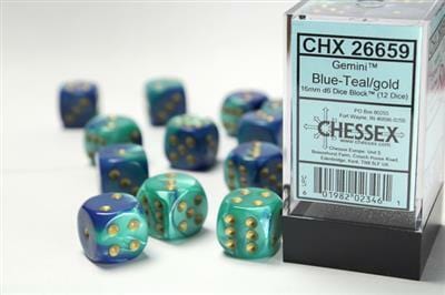 Gemini® 16mm D6 Blue-Teal/gold Dice Block™ (12 dice) - Image 2