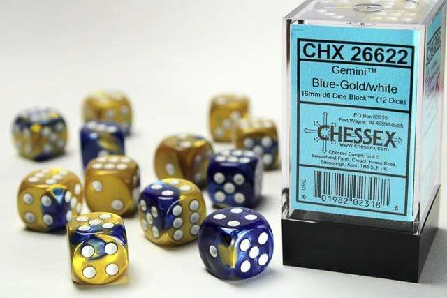 Gemini® 16mm D6 Blue-Gold/white Dice Block™ (12 dice)