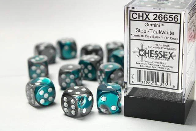Gemini® 16mm D6 Steel-Teal/white Dice Block™ (12 dice)