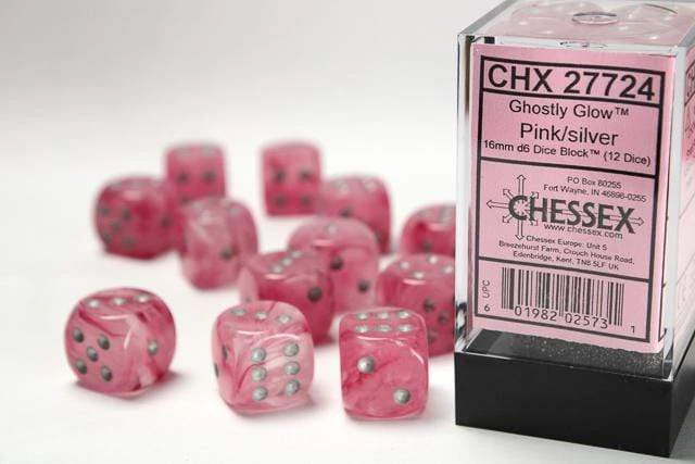 Ghostly Glow™ 16mm D6 Pink/silver Dice Block™ (12 dice)