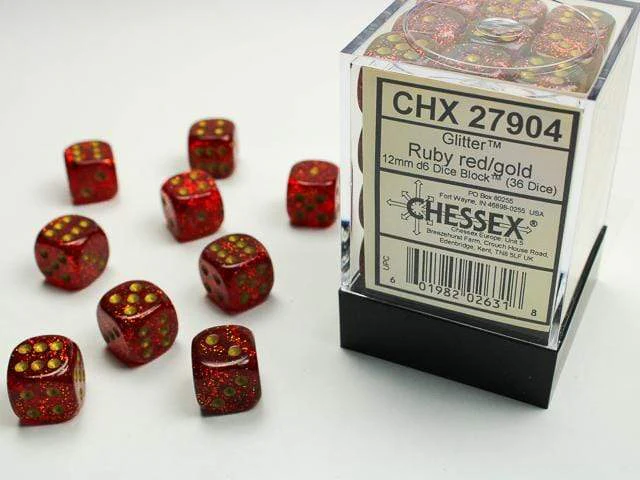 Glitter 12mm D6 Ruby/gold Dice Block™ (36 dice)