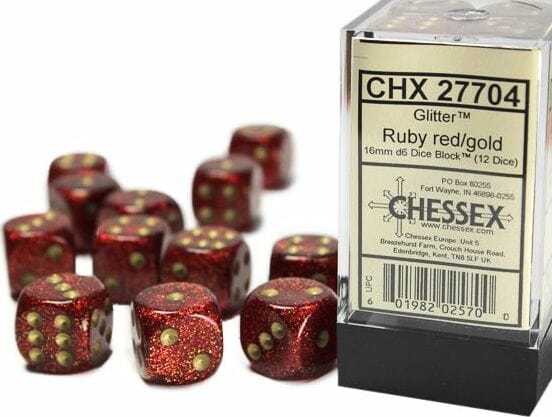 Glitter 16mm D6 Ruby/gold Dice Block™ (12 dice)