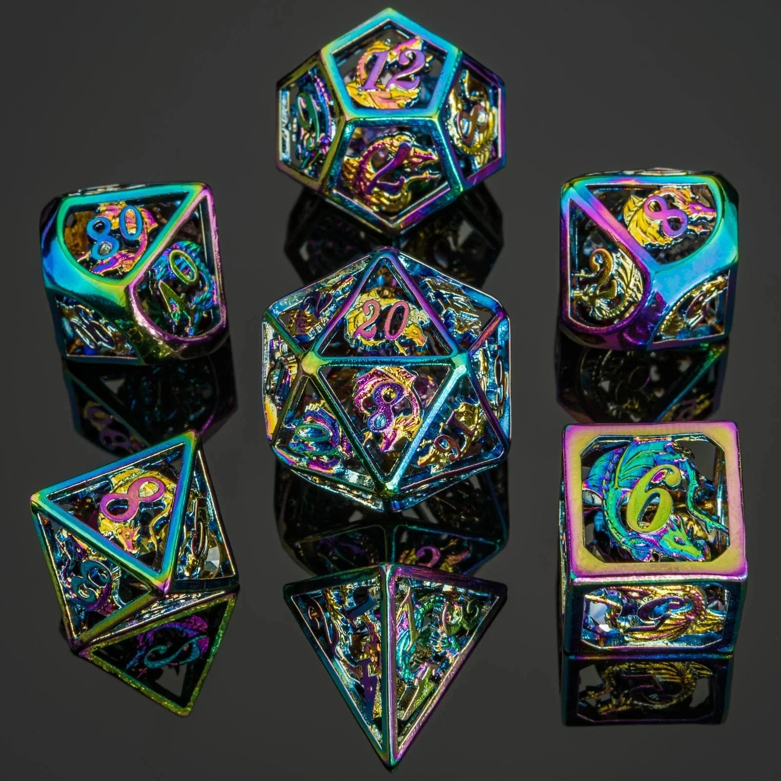 Hollow Dragon Polyhedral Dice Set Filled With Gems - Rainbow - Image 2