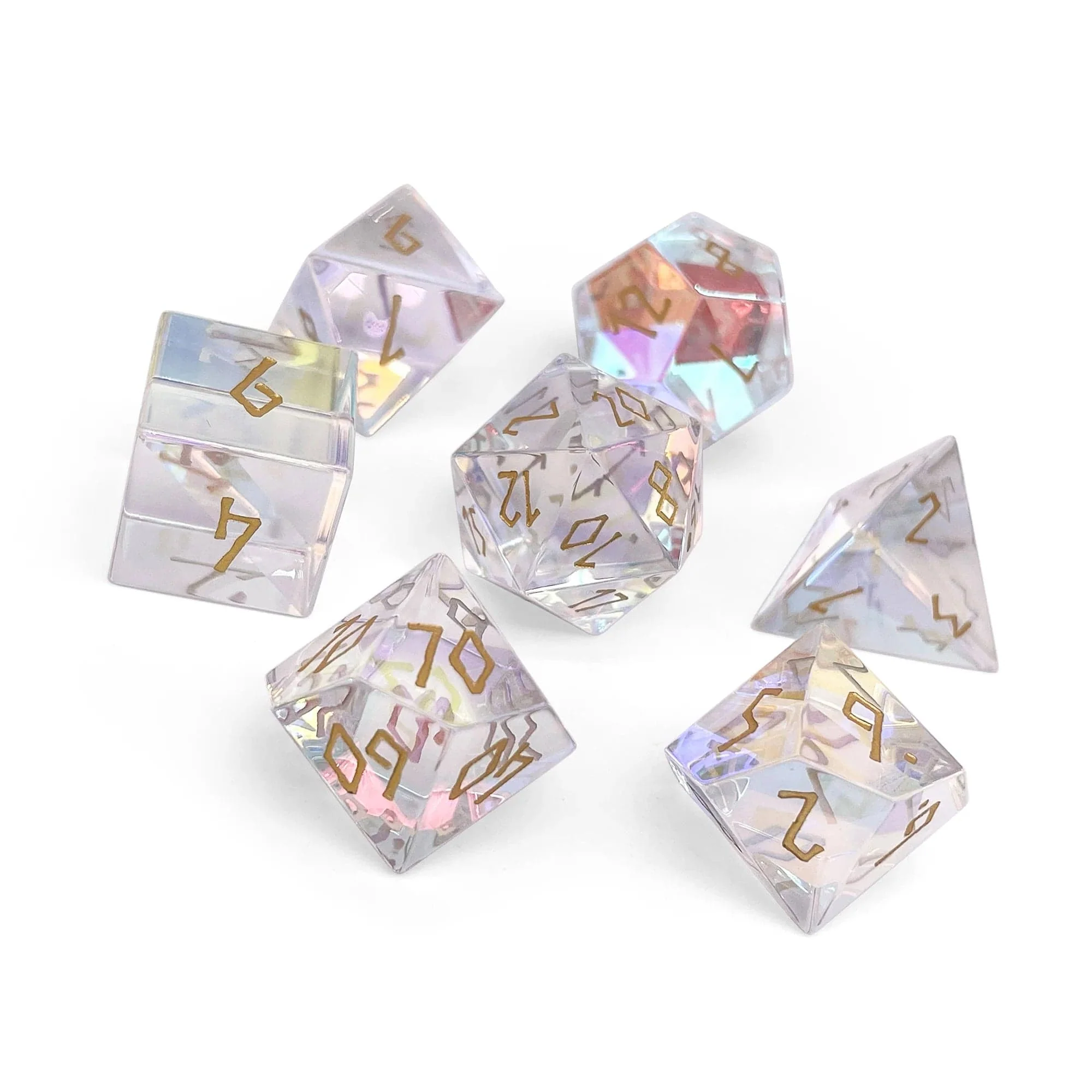 K9 Rainbow Glass Gold Font 7 Dice Set