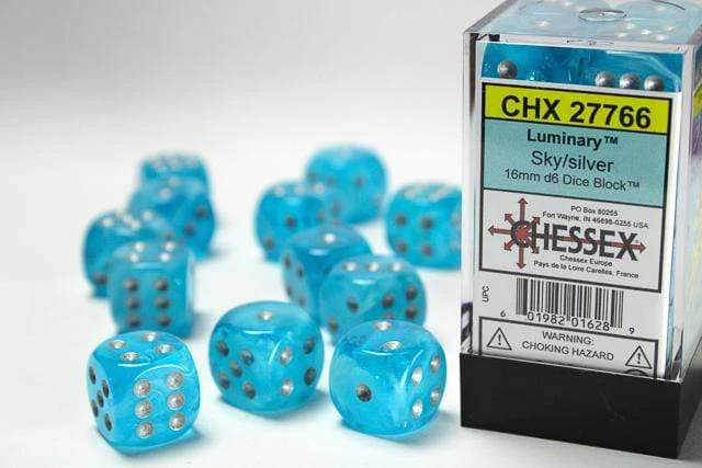 Luminary™ 16mm D6 Sky/silver Dice Block™ (12 dice)