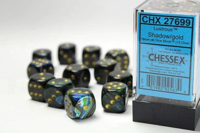 Lustrous® 16mm D6 Shadow/gold Dice Block™ (12 dice)