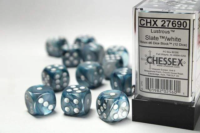 Lustrous® 16mm D6 Slate™/white Dice Block™ (12 dice)