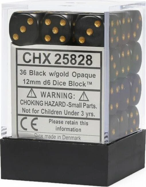 Opaque 12mm D6 Black/gold Dice Block™ (36 dice) - Image 5