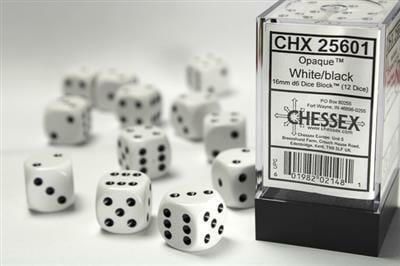 Opaque 16mm D6 White/black Dice Block™ (12 dice)