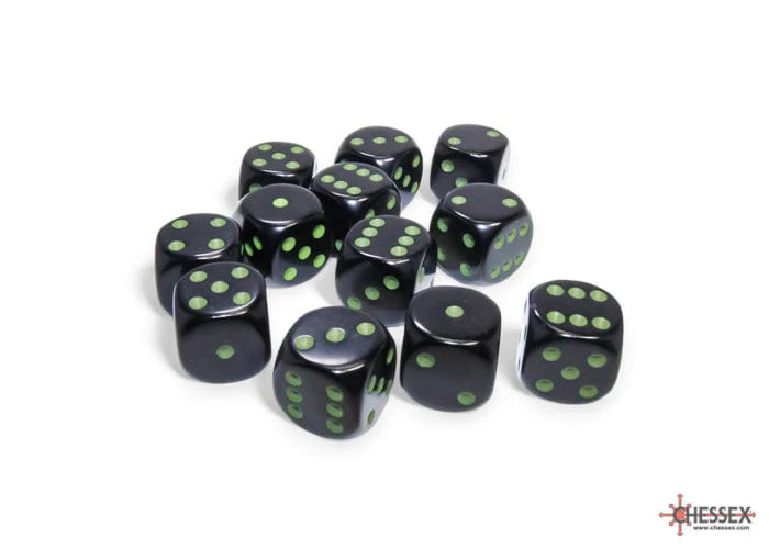 Opaque Black/Green d6 Dice Block (12 Dice)