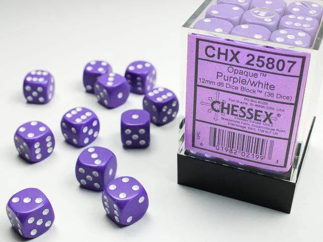 Opaque 12mm D6 Purple/white Dice Block™ (36 dice)