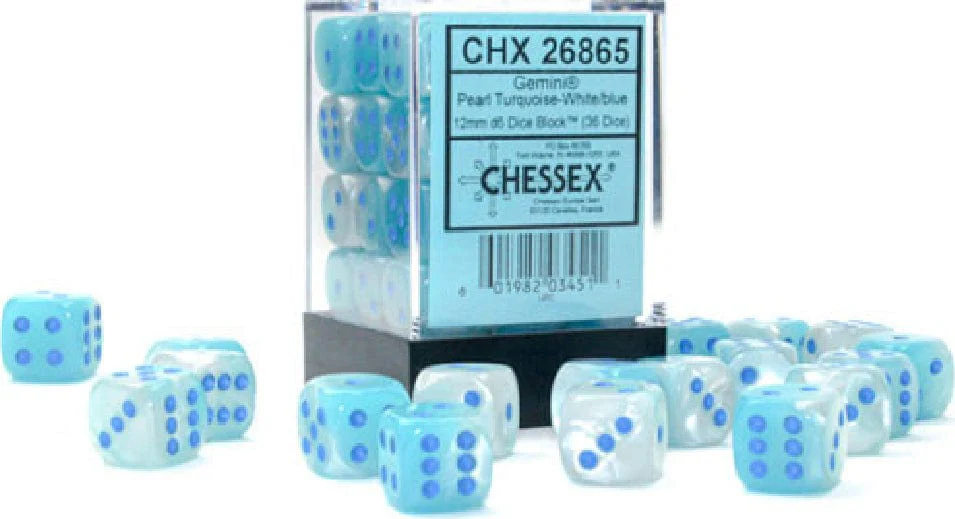 Gemini® 12mm D6 Pearl Turquoise-White/blue Luminary™ Dice Block™ (36 dice)