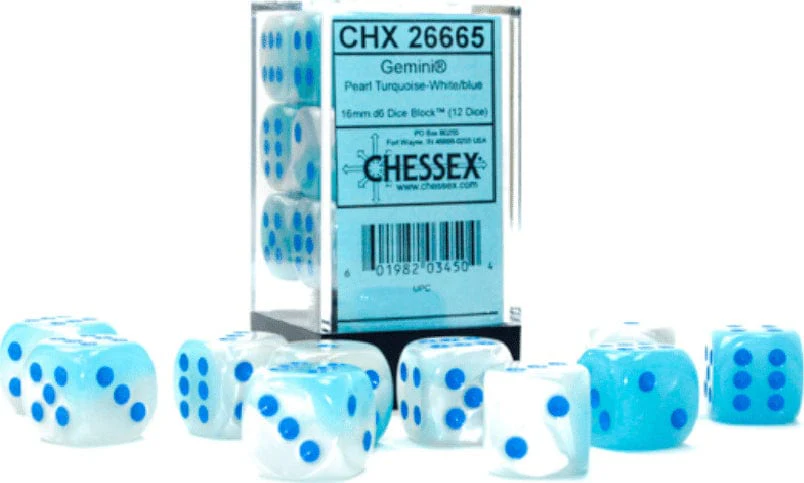 Gemini® 16mm D6 Pearl Turquoise-White/blue Luminary™ Dice Block™ (12 dice) - Image 3