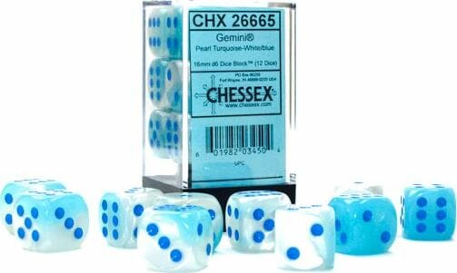 Gemini® 16mm D6 Pearl Turquoise-White/blue Luminary™ Dice Block™ (12 dice) - Image 5