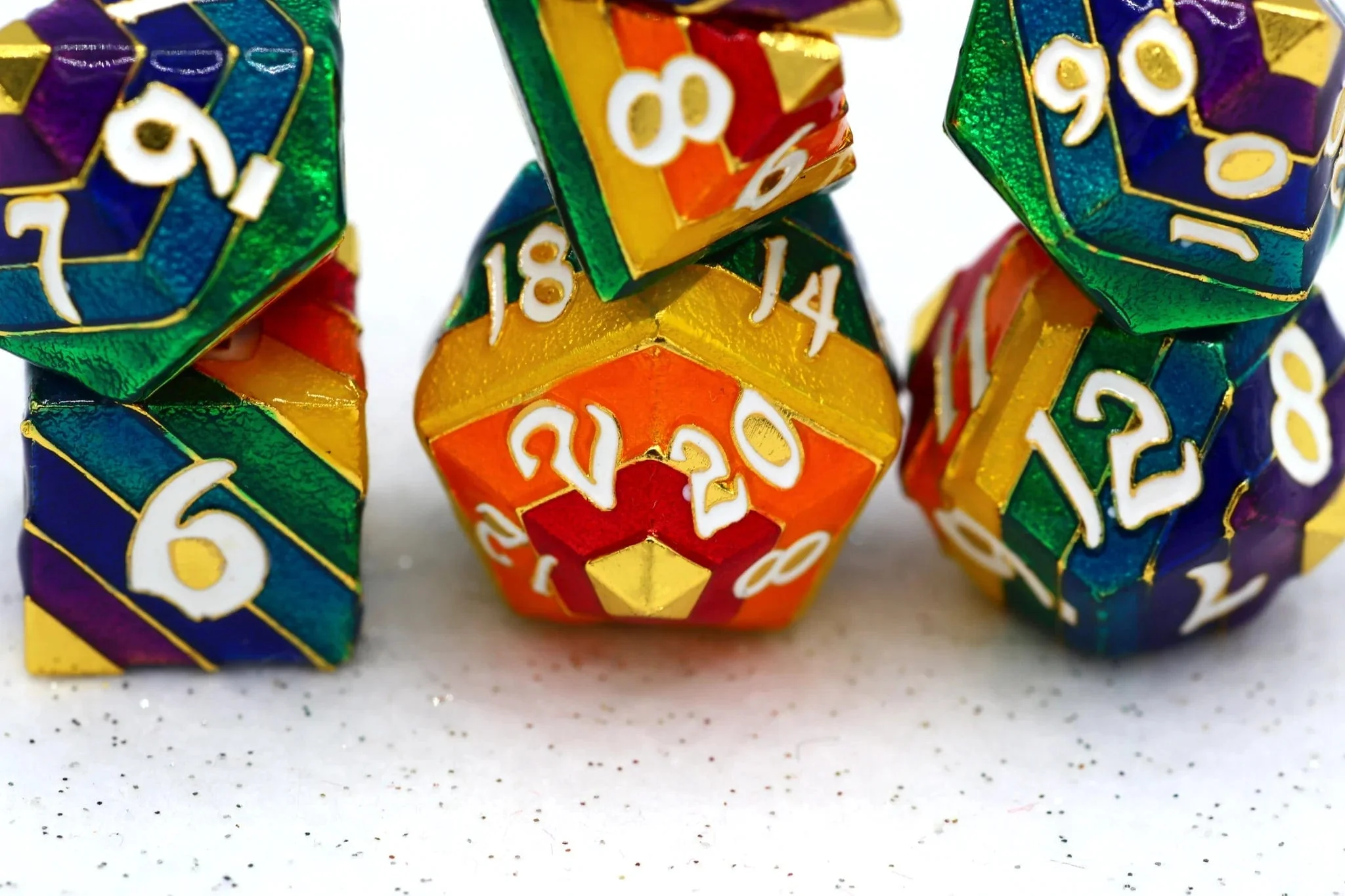 Rainbow Pride solid metal dice set - Gold with White Lettering - Image 2