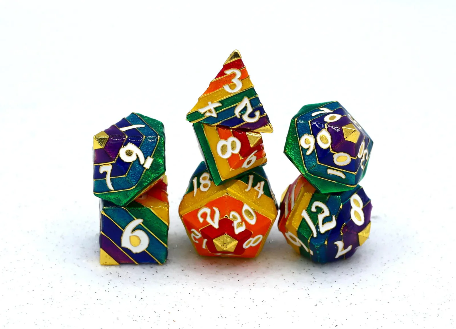 Rainbow Pride solid metal dice set - Gold with White Lettering - Image 3
