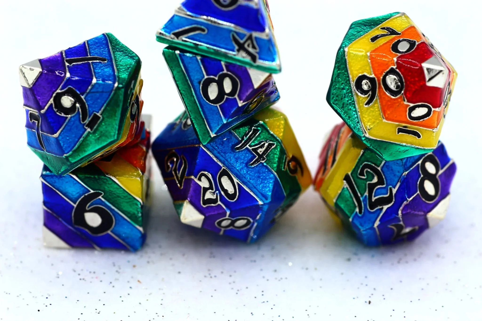 Rainbow Pride solid metal dice set - Silver with White Lettering