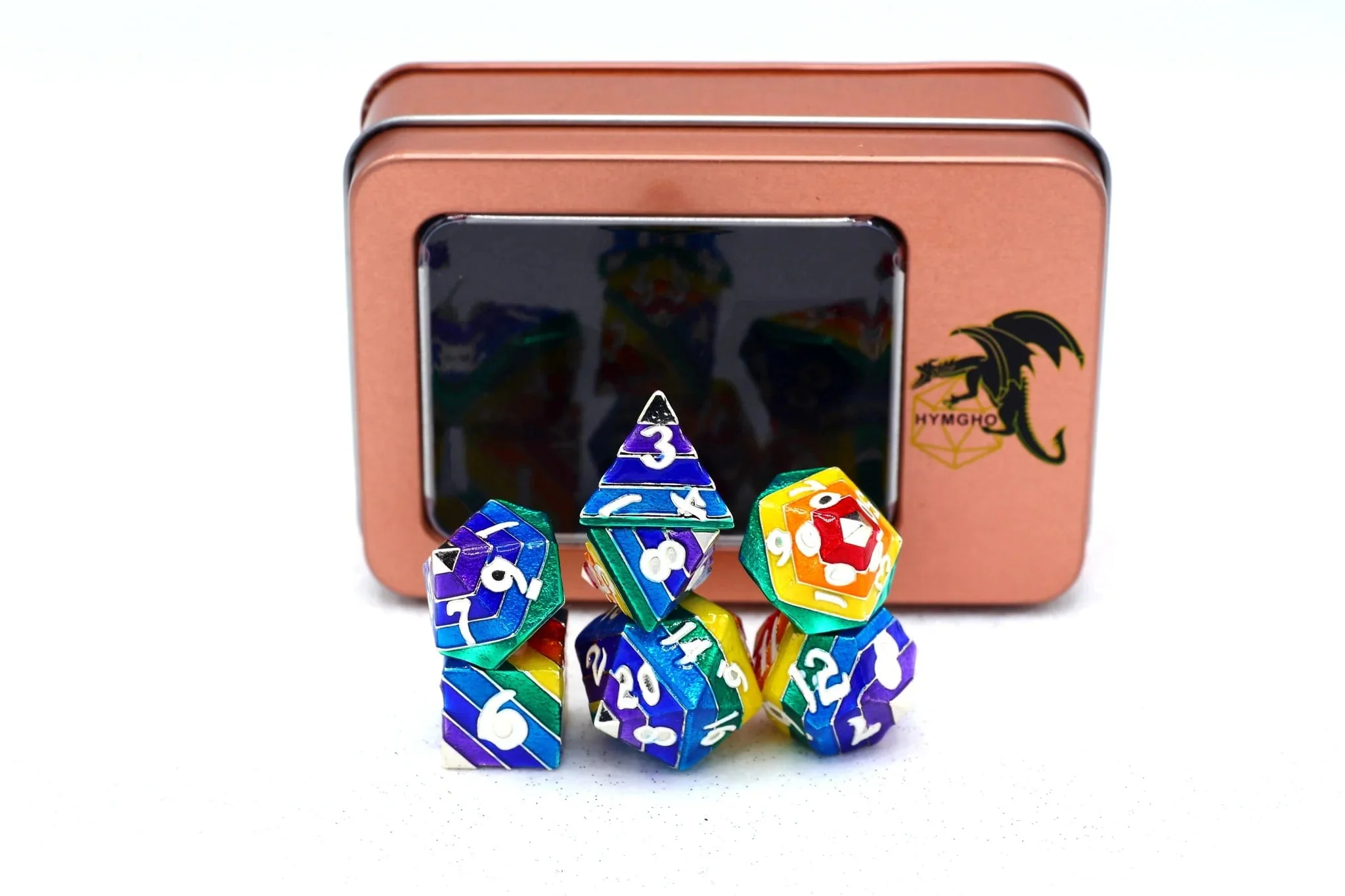 Rainbow Pride solid metal dice set - Silver with White Lettering - Image 2